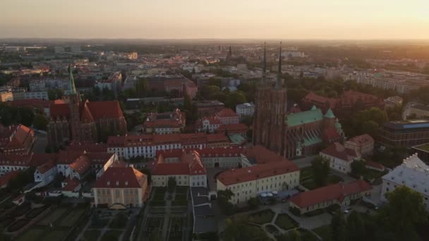 Drone Flight Tumski Island Cathedral John Baptist Wroclaw Morning Sunrise — Wideo stockowe