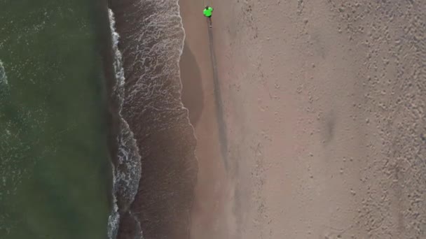 Aerial View Man Jogging Sea Beach Morning Athlete Training Running — Αρχείο Βίντεο