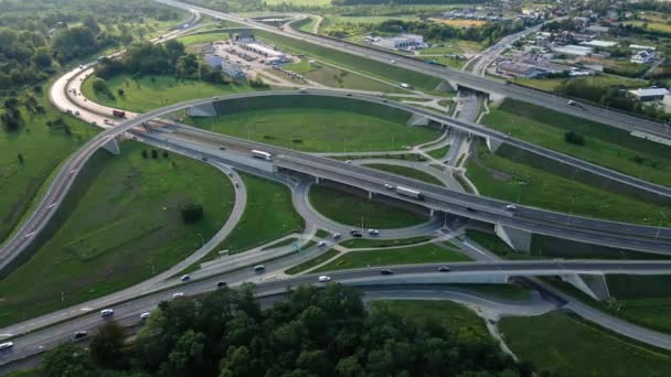 Aerial View Cars Driving Intersection City Transportation Roundabout Infrastructure Highway — 图库视频影像