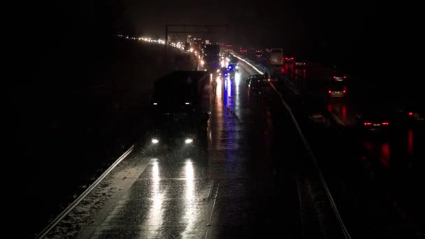 Car Accident Slippery Road Night Snowfall Dangerous Driving Winter Snowstorm — Vídeos de Stock