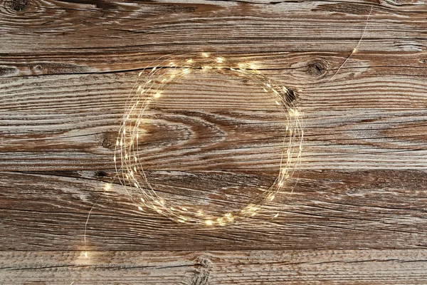 Circle Frame Made Lighting Garland Wooden Background Christmas Frame Flat — Foto de Stock