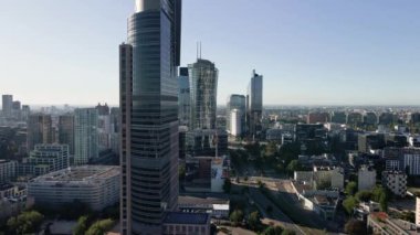 Warsaw city panorama, Aerial view of cityscape with modern skyscrapers. Warsaw, Poland - September 3, 2022