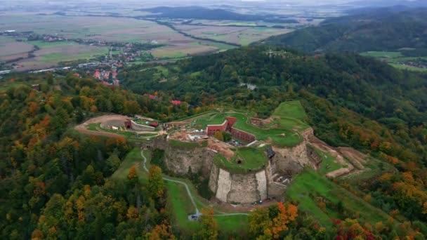 Fortaleza Srebrna Gora Montañas Sudety Temporada Otoño Vista Aérea Del — Vídeo de stock