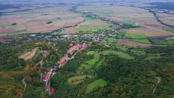 Drone Flight Countryside Mountain Village Agricultural Fields Autumn Season Autumn — Stock Video