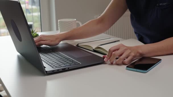 Evden Çalışan Bir Kadın Oturma Odasında Uzaktan Çalışan Dizüstü Bilgisayar — Stok video