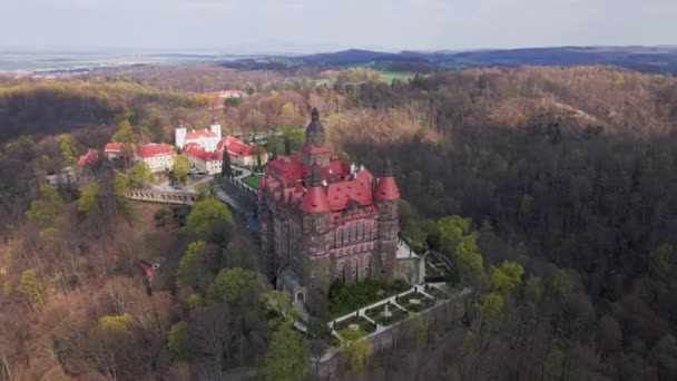 Drone Vlucht Kasteel Ksiaz Bij Walbrzych Polen Neder Silezië Beroemde — Stockvideo