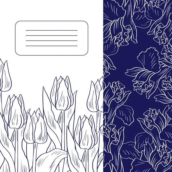 Tarjeta floral con tulipanes e iris — Vector de stock