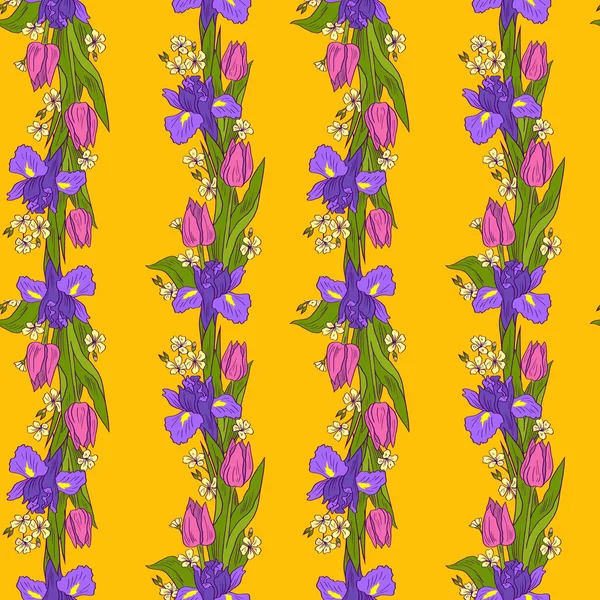 Patrón sin costuras con tulipanes e iris — Vector de stock