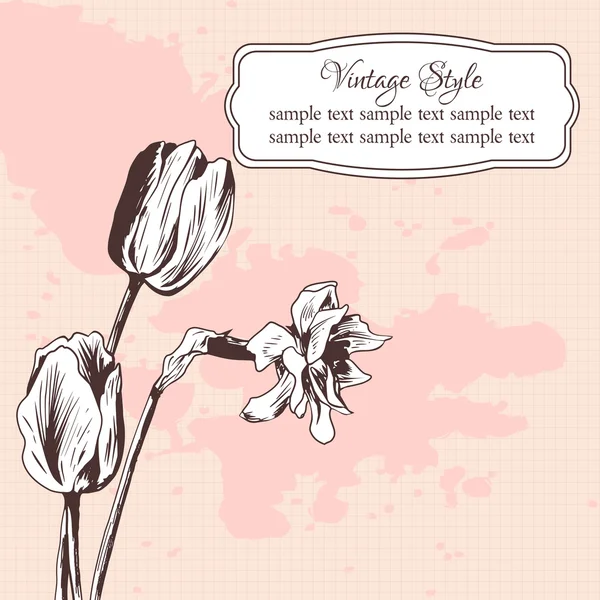 チューリップと水仙ビンテージ花カード — ストックベクタ