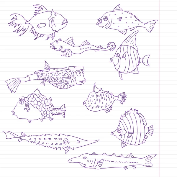 墨迹绘图鱼在格线纸，矢量图 — 图库矢量图片