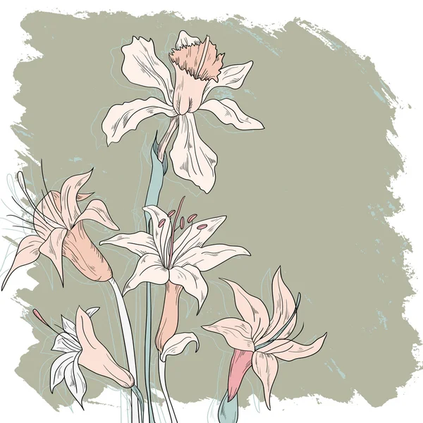 Bouquet van narcissus en lelies — Stockvector
