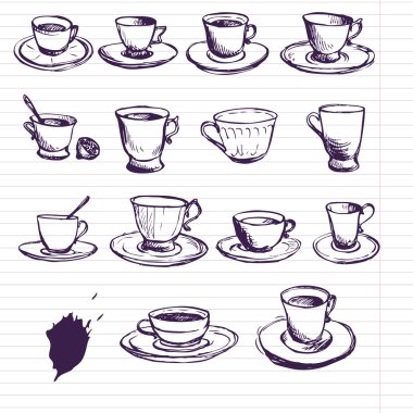 Mürekkep çizim çay bardaklarından kümesi
