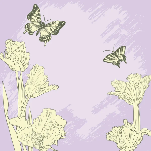 Cartão vintage com borboletas e tulipas — Vetor de Stock