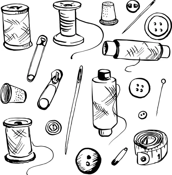 Set of ink drawing needlework equipment — Stock Vector