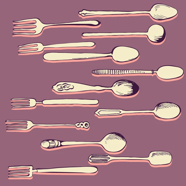 Juego de diferentes cucharas y tenedores — Vector de stock