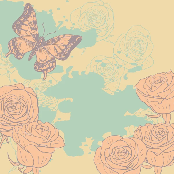 Gül ve kelebek çiçek kartı — Stok Vektör