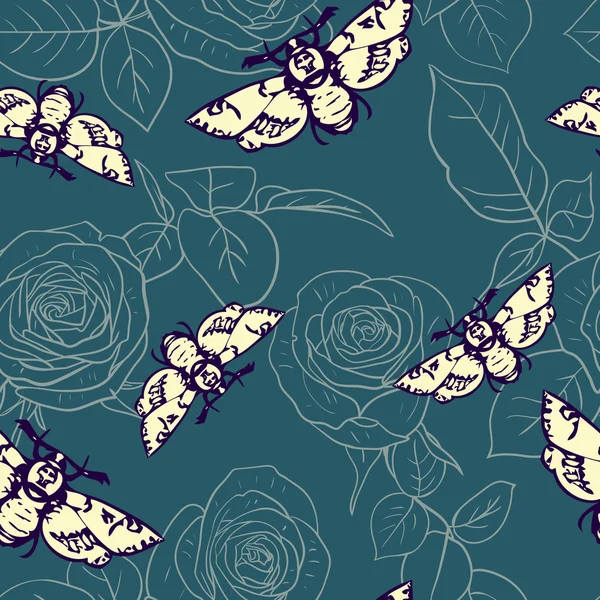 Seamless pattern with roses and butterflies — Stock Vector