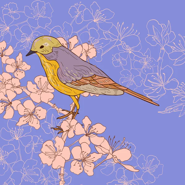 Carte vintage avec fleurs de cerisier et oiseau — Image vectorielle