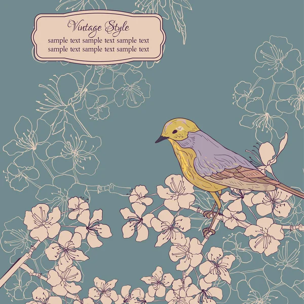 Kiraz çiçekleri ve kuş Vintage kartı — Stok Vektör