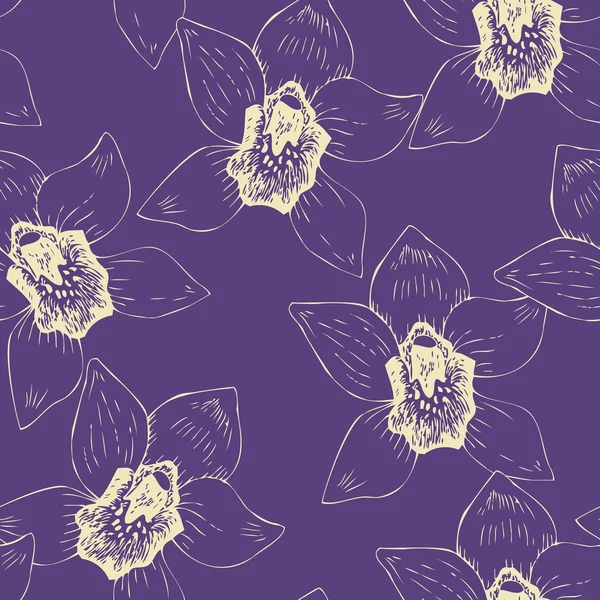 Seamless pattern with  line drawing orchids — Stock Vector