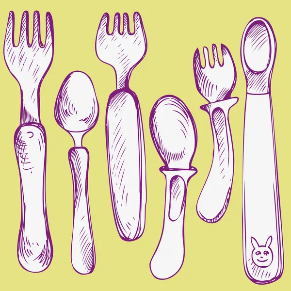 Conjunto de tenedores y cucharas para bebés — Vector de stock
