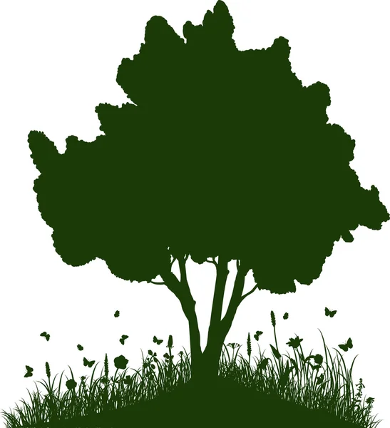 Árbol en una colina con hierba y mariposas — Vector de stock