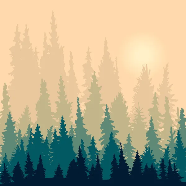 Paisaje con siluetas de abetos — Vector de stock