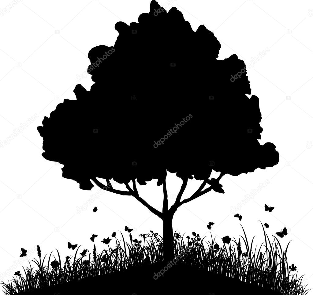 Tree on a hill with grass and butterflies