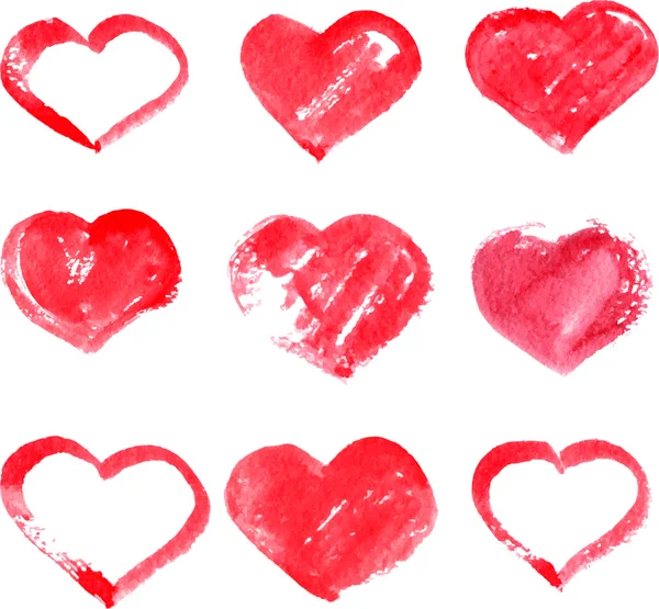 Set of different red heart painted by watercolor — Stock Vector