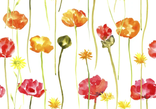 野生の花と水彩のシームレスなパターン — ストック写真