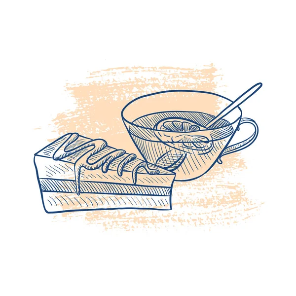 Vector drawing sketch of piece of cake and tea — Vettoriale Stock