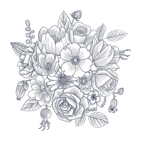 Dessin vectoriel composition vintage avec fleurs — Image vectorielle