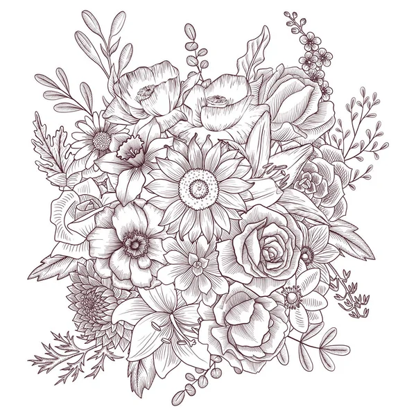 花でヴィンテージの構図を描く — ストックベクタ