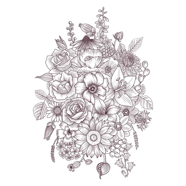 Dessin vectoriel composition vintage avec fleurs — Image vectorielle