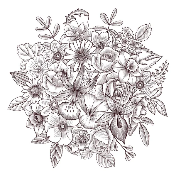 Vector drawing vintage composition with flowers — Vetor de Stock