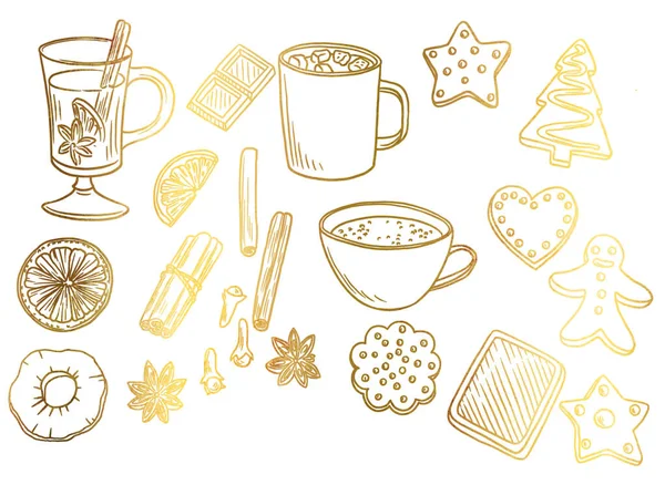 Golden drawing christmas set — Stock Photo, Image