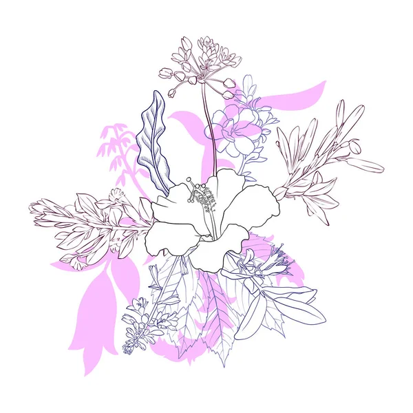 Vector dibujo composición vintage con flores — Vector de stock