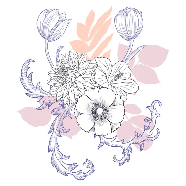 Vector drawing vintage composition with flowers — Stock vektor