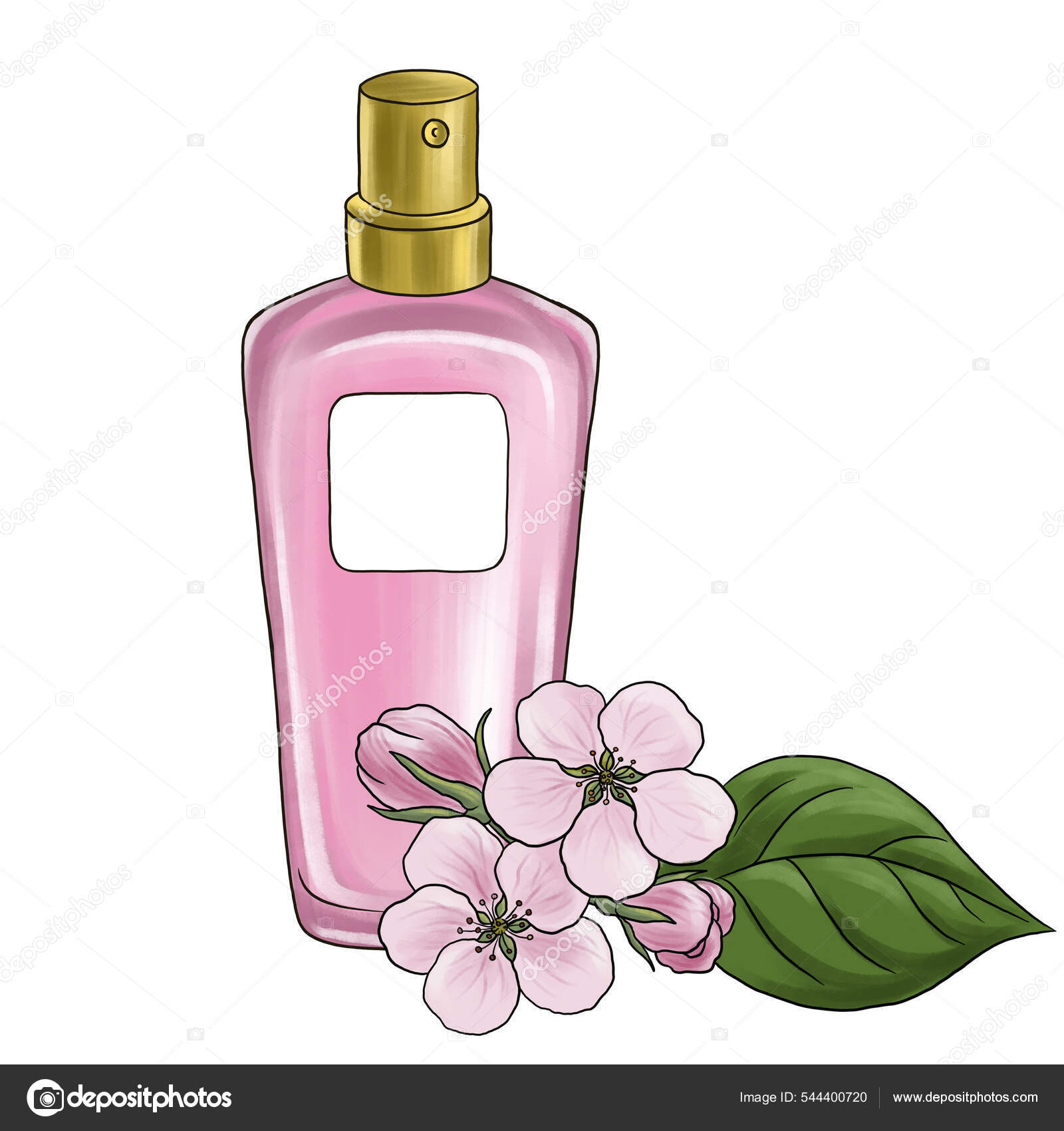Desenho botte perfume de vidro e flores de macieira — Foto © cat_arch_angel  #544400720, image size:1600x1700