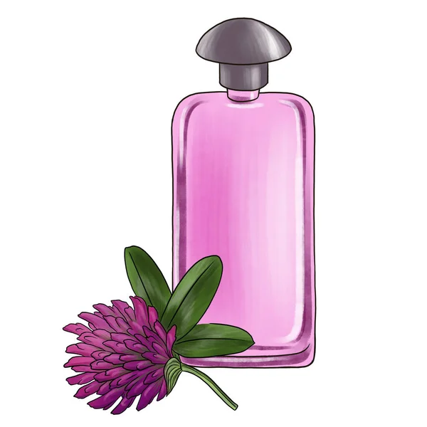 Dibujo botella de perfume de vidrio y flor de trébol — Foto de Stock