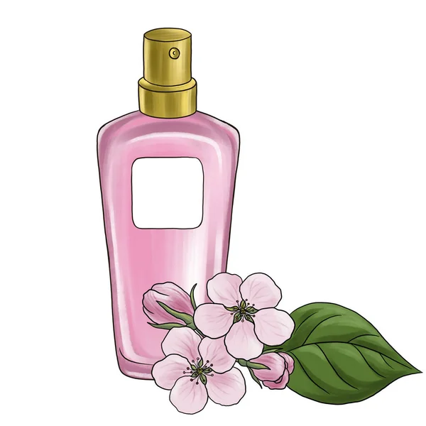 Dibujo botella de perfume de vidrio y flores de manzano — Foto de Stock