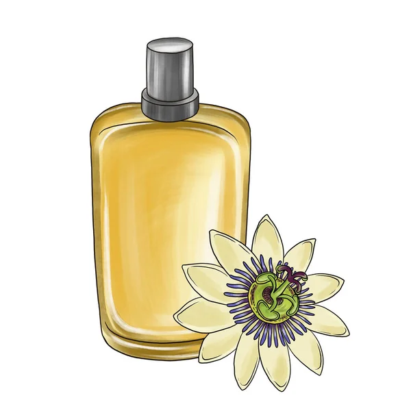 Teckning glas parfym botte passion blomma — Stockfoto