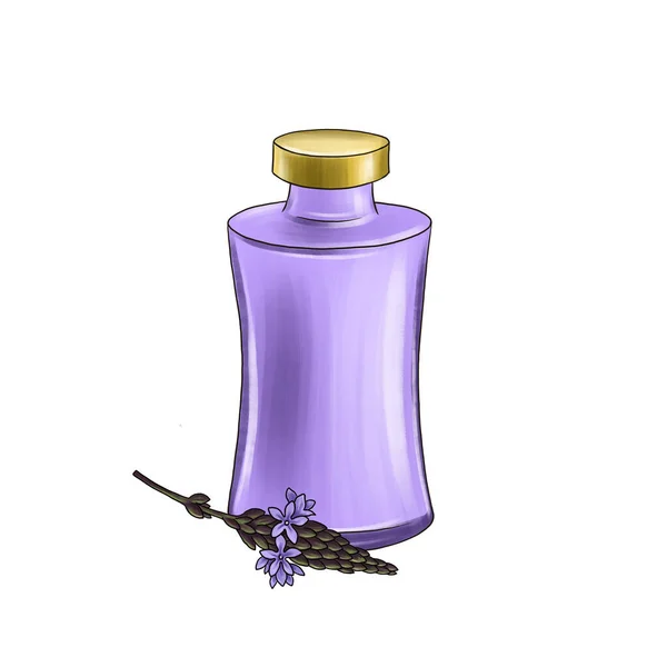 Dibujo botella de perfume de vidrio y flor de verbena — Foto de Stock