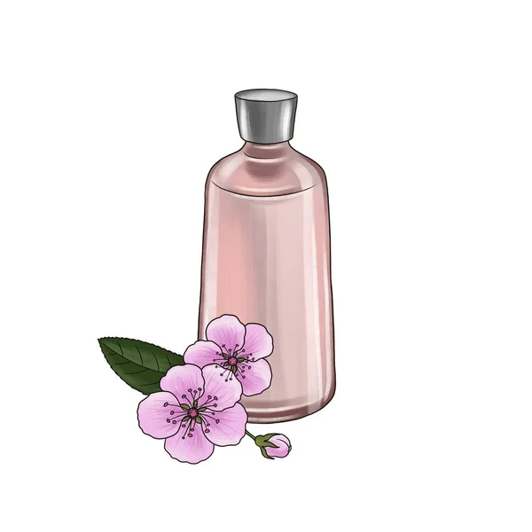 Dibujo botella de perfume de vidrio y flores de cerezo — Foto de Stock