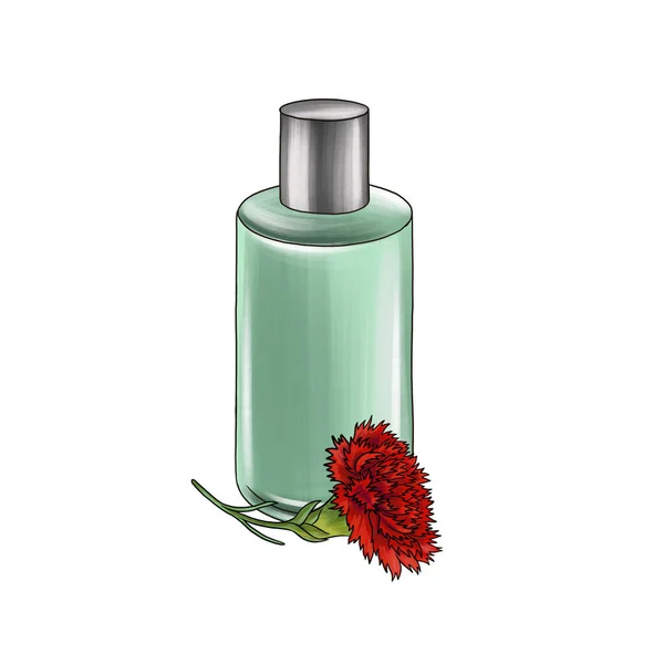 Dibujo botella de perfume de vidrio y flor de clavel rojo, — Foto de Stock