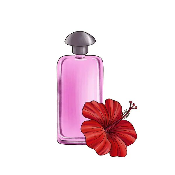 Dibujo botella de perfume de vidrio y flor de hibisco rojo — Foto de Stock