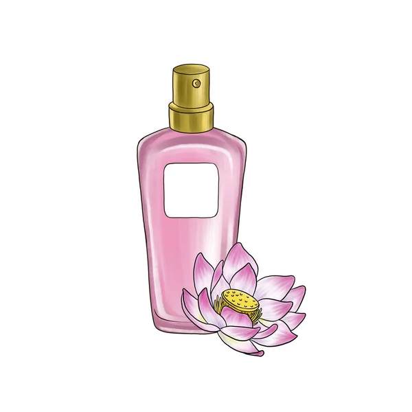 Botol parfum dan bunga teratai — Stok Foto