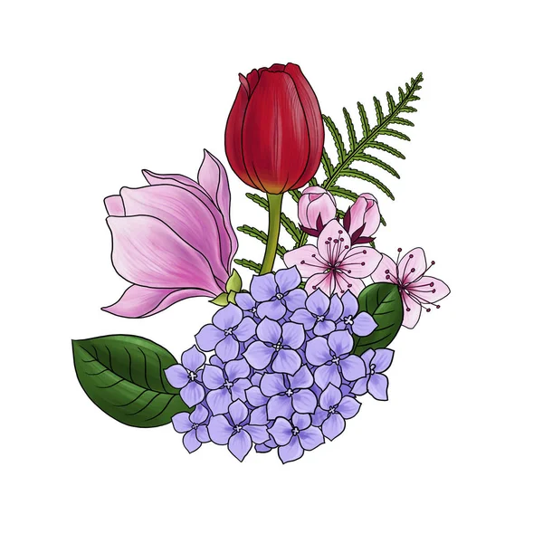 Rajz virágos kompozíció virágokkal — Stock Fotó