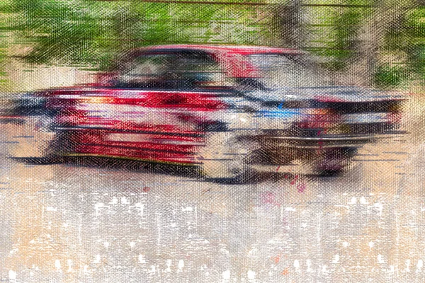 赤と黒の車が通りを走っていた。スポーツカー。デジタル水彩画 — ストック写真