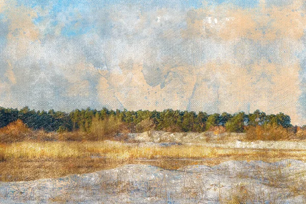 El invierno. Paisaje. Lago congelado con cañas contra un bosque verde. Acuarela digital pintura —  Fotos de Stock